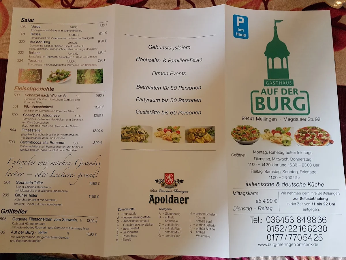 Speisekarte, Restaurant Auf der Burg