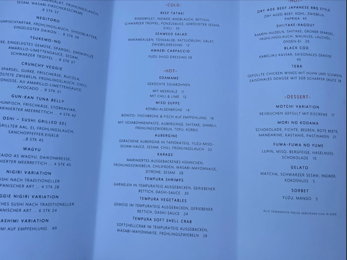 Speisekarte, MIZU SUSHI BAR