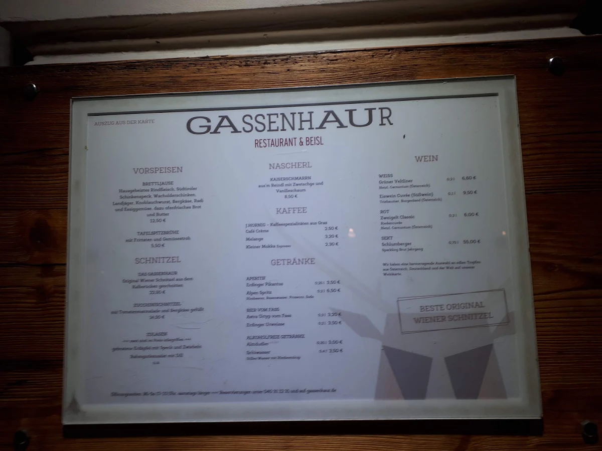 Speisekarte, Gassenhaur Restaurant & Beisl