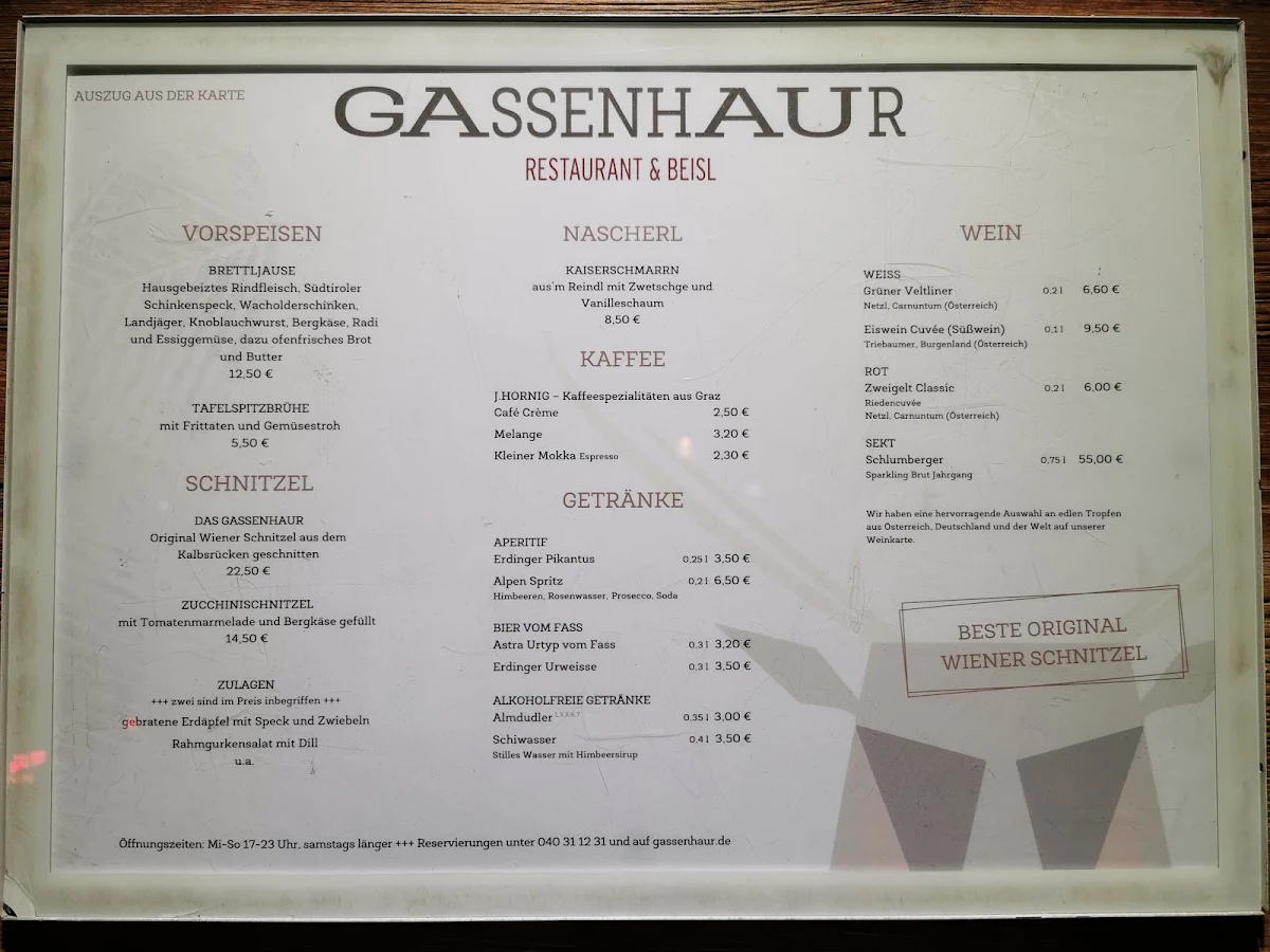 Speisekarte, Gassenhaur Restaurant & Beisl