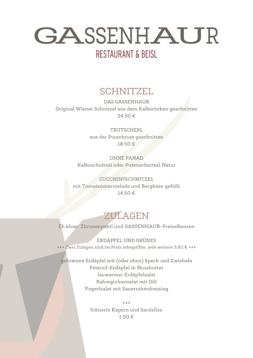 Speisekarte, Gassenhaur Restaurant & Beisl