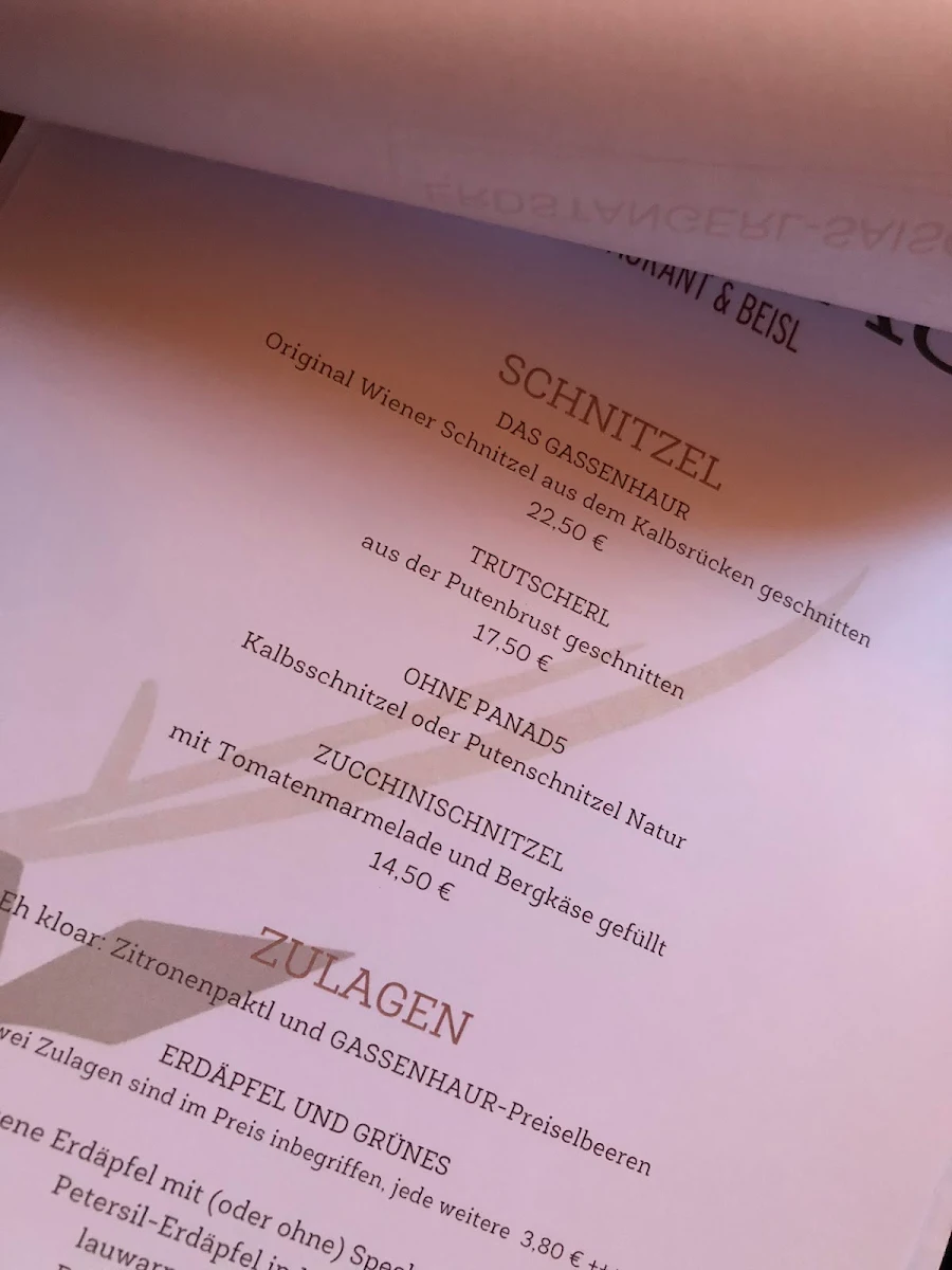 Speisekarte, Gassenhaur Restaurant & Beisl