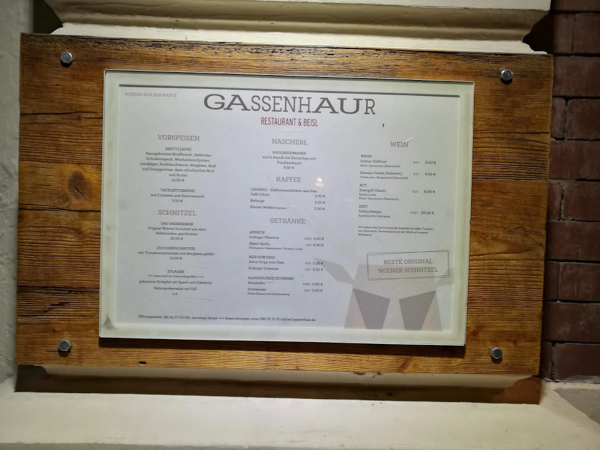 Speisekarte, Gassenhaur Restaurant & Beisl