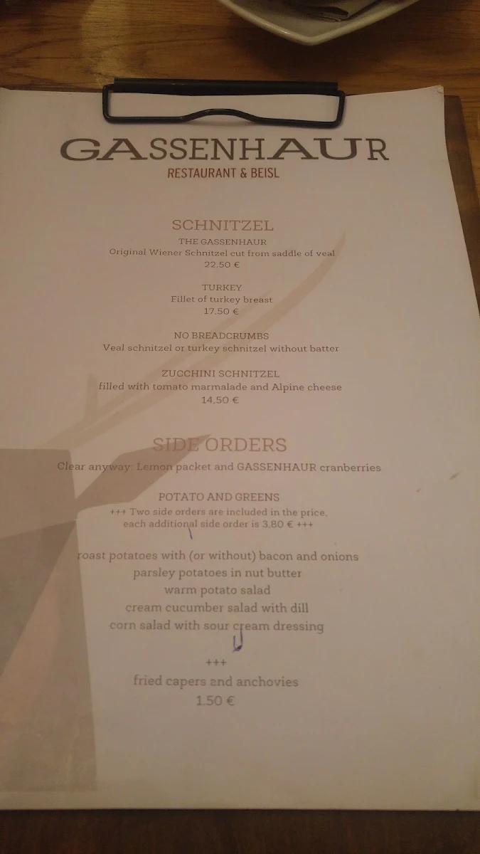 Speisekarte, Gassenhaur Restaurant & Beisl