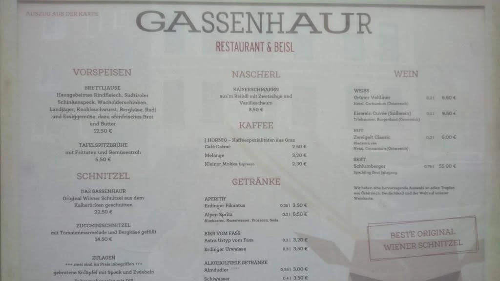 Speisekarte, Gassenhaur Restaurant & Beisl