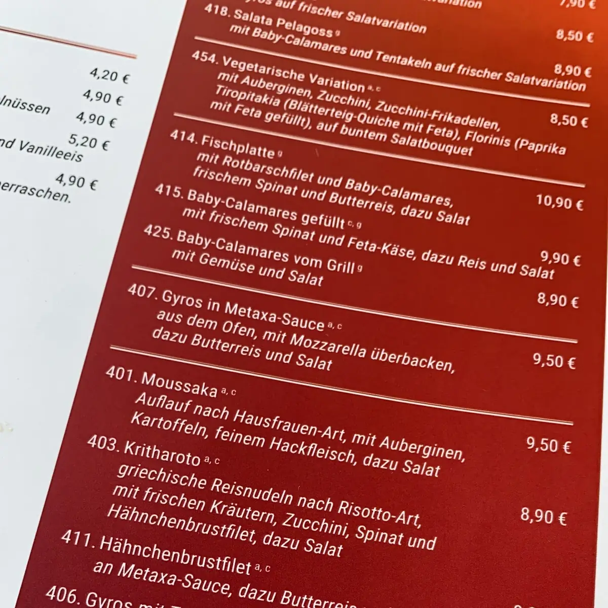 Speisekarte, Ilios Restaurant