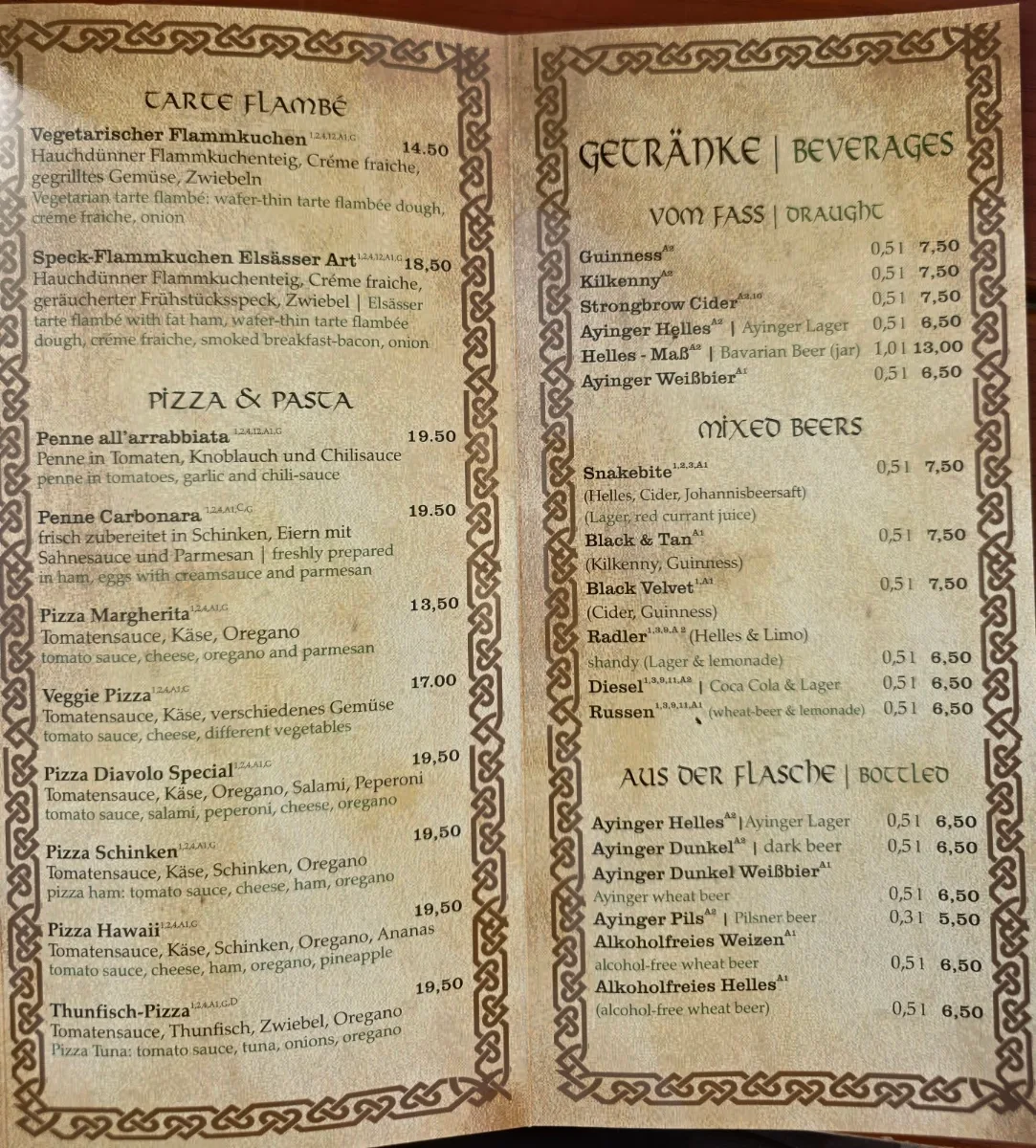 Speisekarte, Irish Pub Dubliner