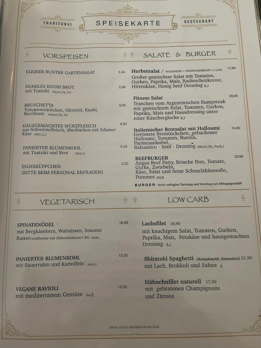 Speisekarte, Hotel & Restaurant Weisses Ross
