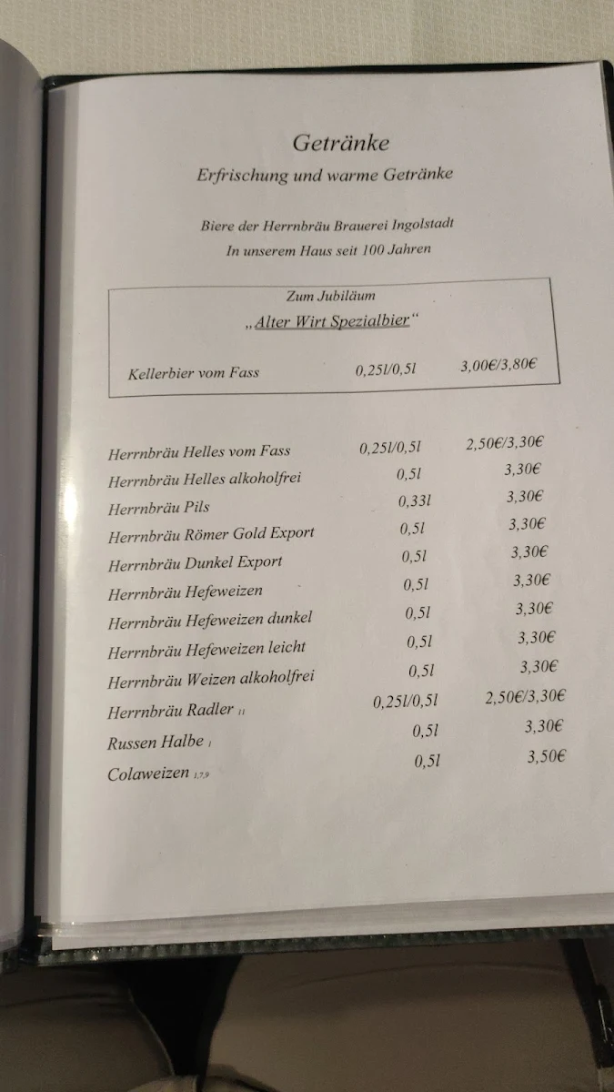 Speisekarte, Landgasthof Zum Alten Wirt Manfred und Renate Weiser