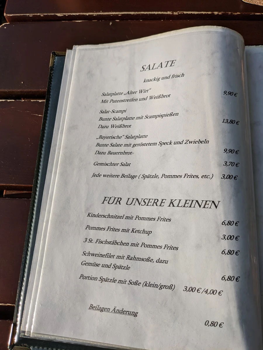 Speisekarte, Landgasthof Zum Alten Wirt Manfred und Renate Weiser