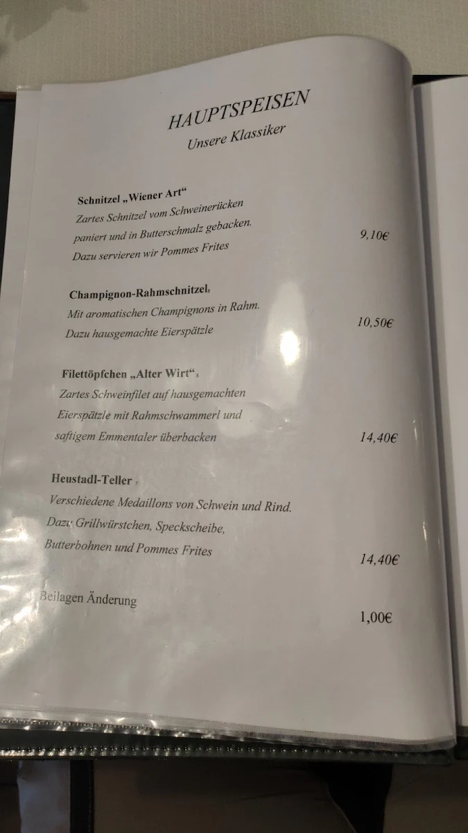 Speisekarte, Landgasthof Zum Alten Wirt Manfred und Renate Weiser