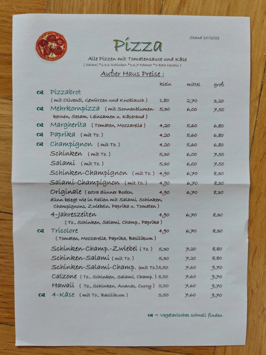 Speisekarte, Stadtcafe