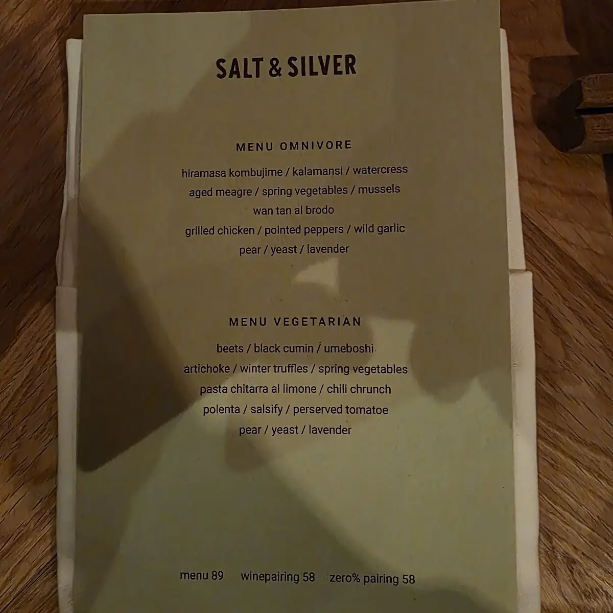 Speisekarte, Salt & Silver - Restaurant