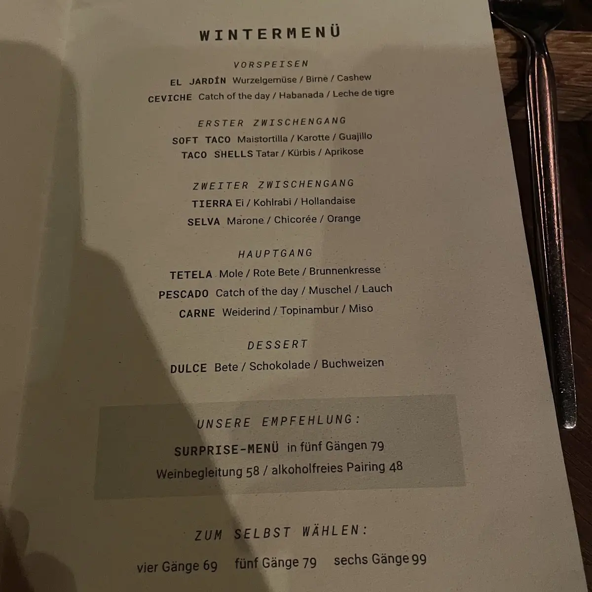 Speisekarte, Salt & Silver - Restaurant