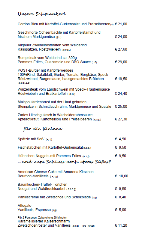 Speisekarte, die Post Hotel+Gasthof