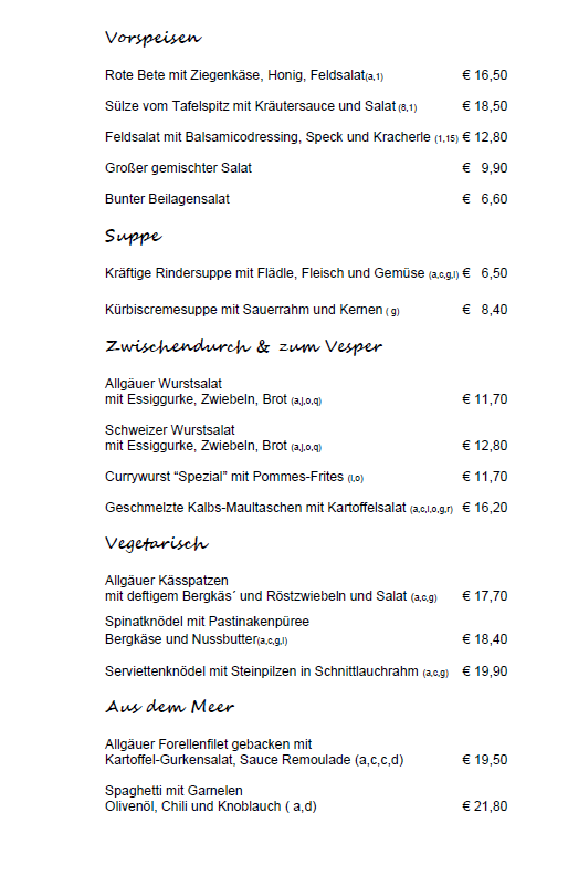 Speisekarte, die Post Hotel+Gasthof