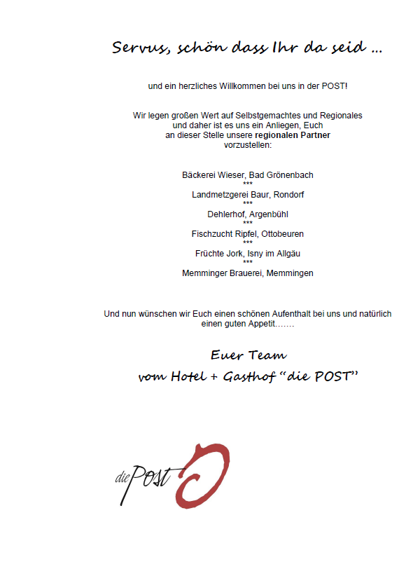 Speisekarte, die Post Hotel+Gasthof