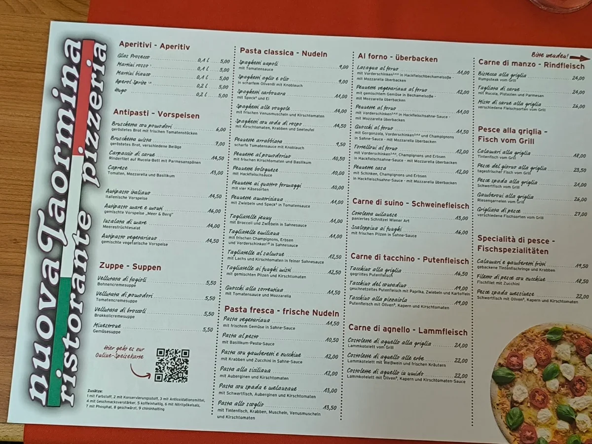 Speisekarte, Nuova Taormina Ristorante Pizzeria
