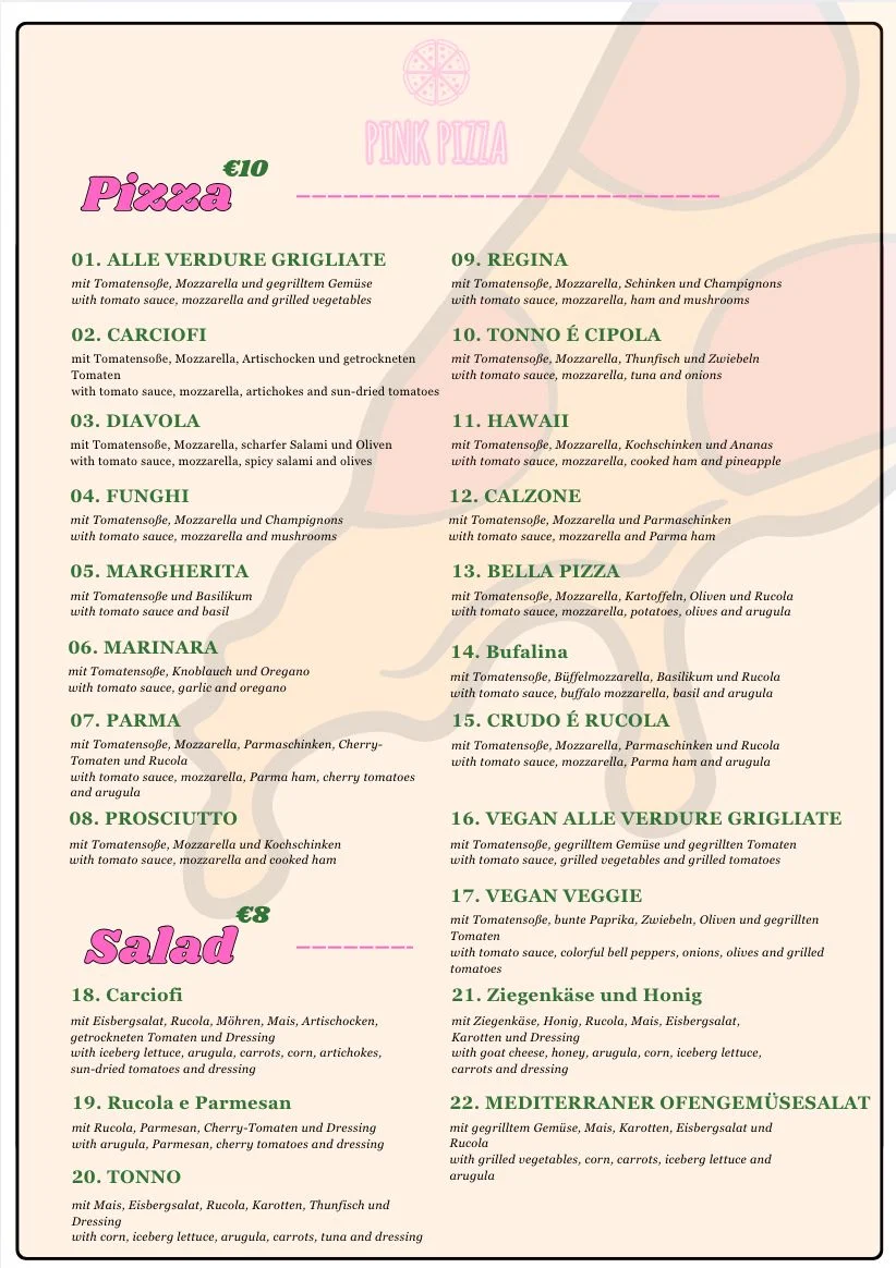 Speisekarte, Pink Pizza Berlin
