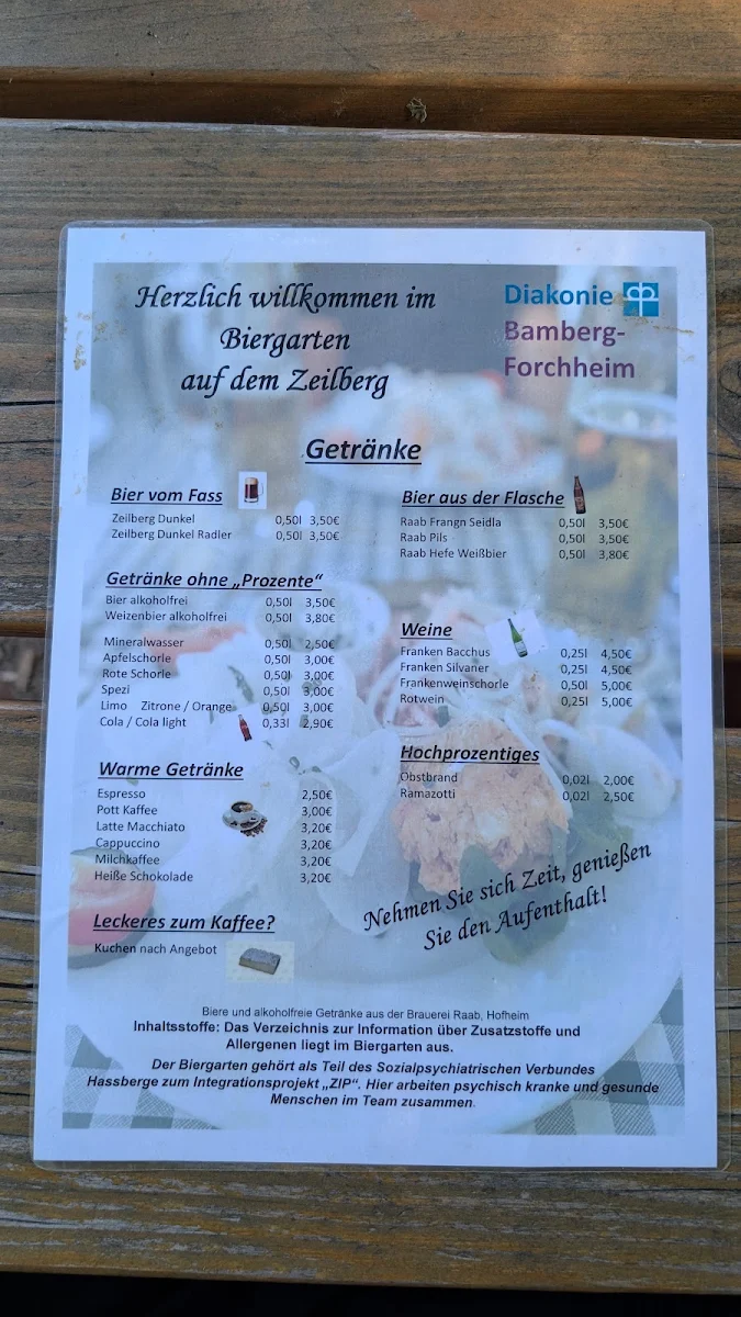 Speisekarte, Diakonie – Biergarten auf dem Zeilberg