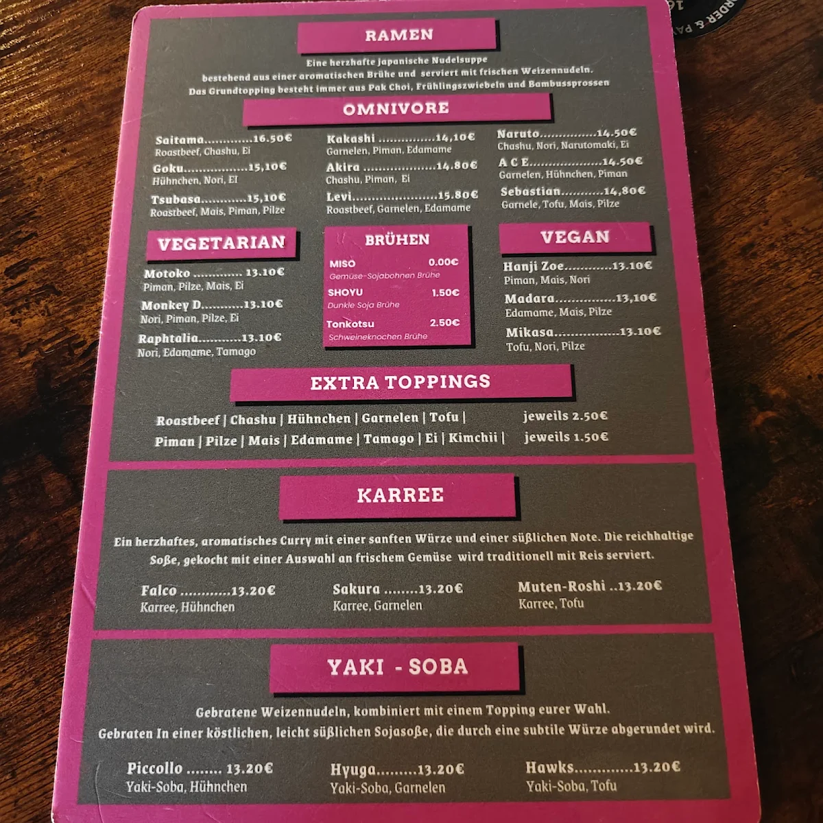 Speisekarte, Ayumi Ramen Factory