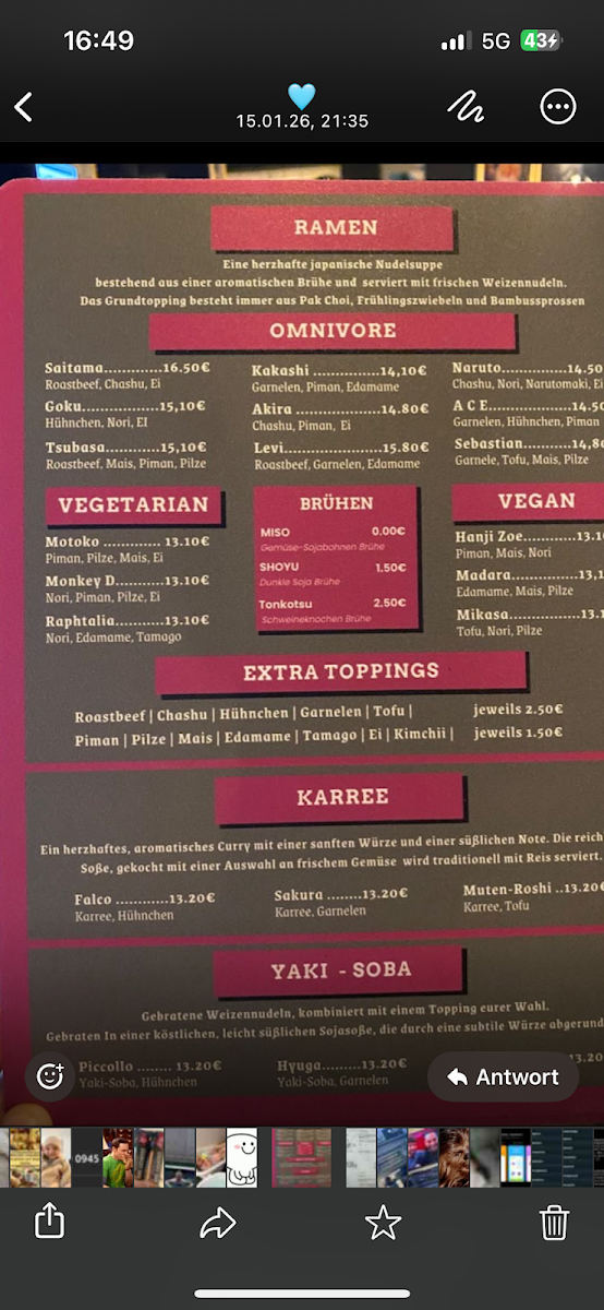 Speisekarte, Ayumi Ramen Factory