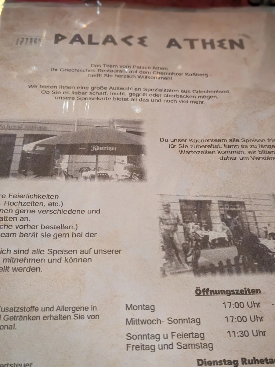 Speisekarte, Palace Athen