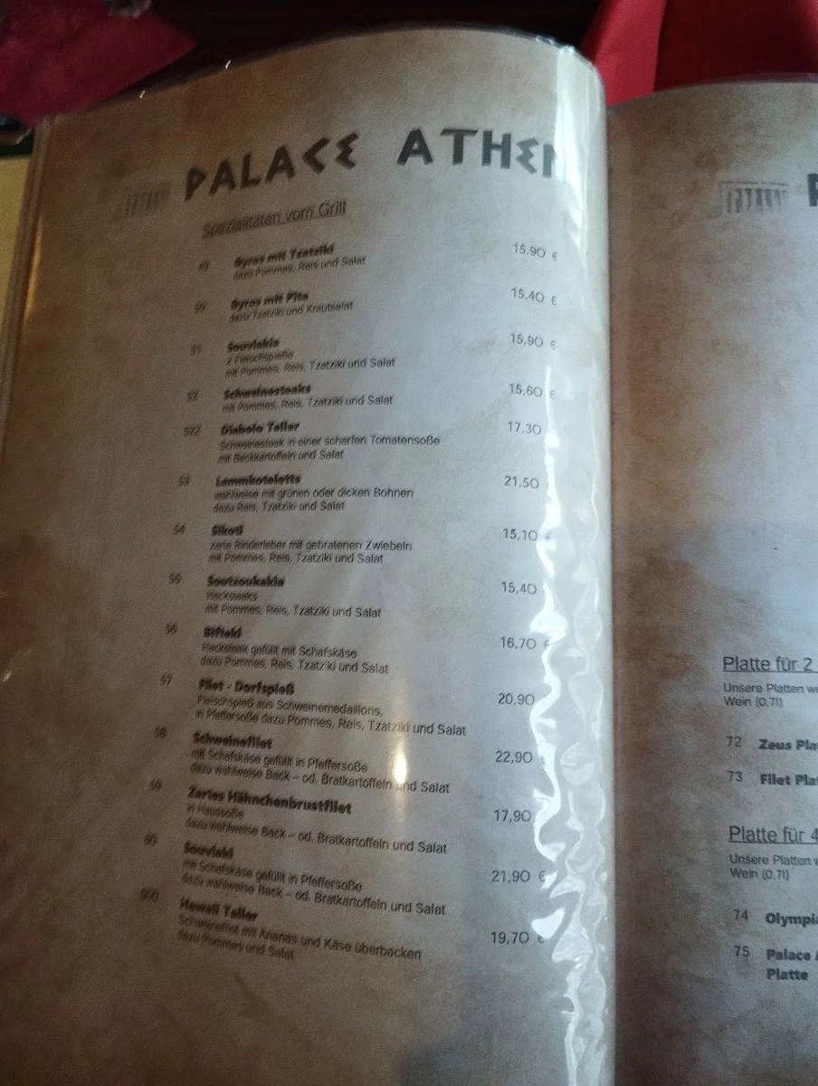 Speisekarte, Palace Athen