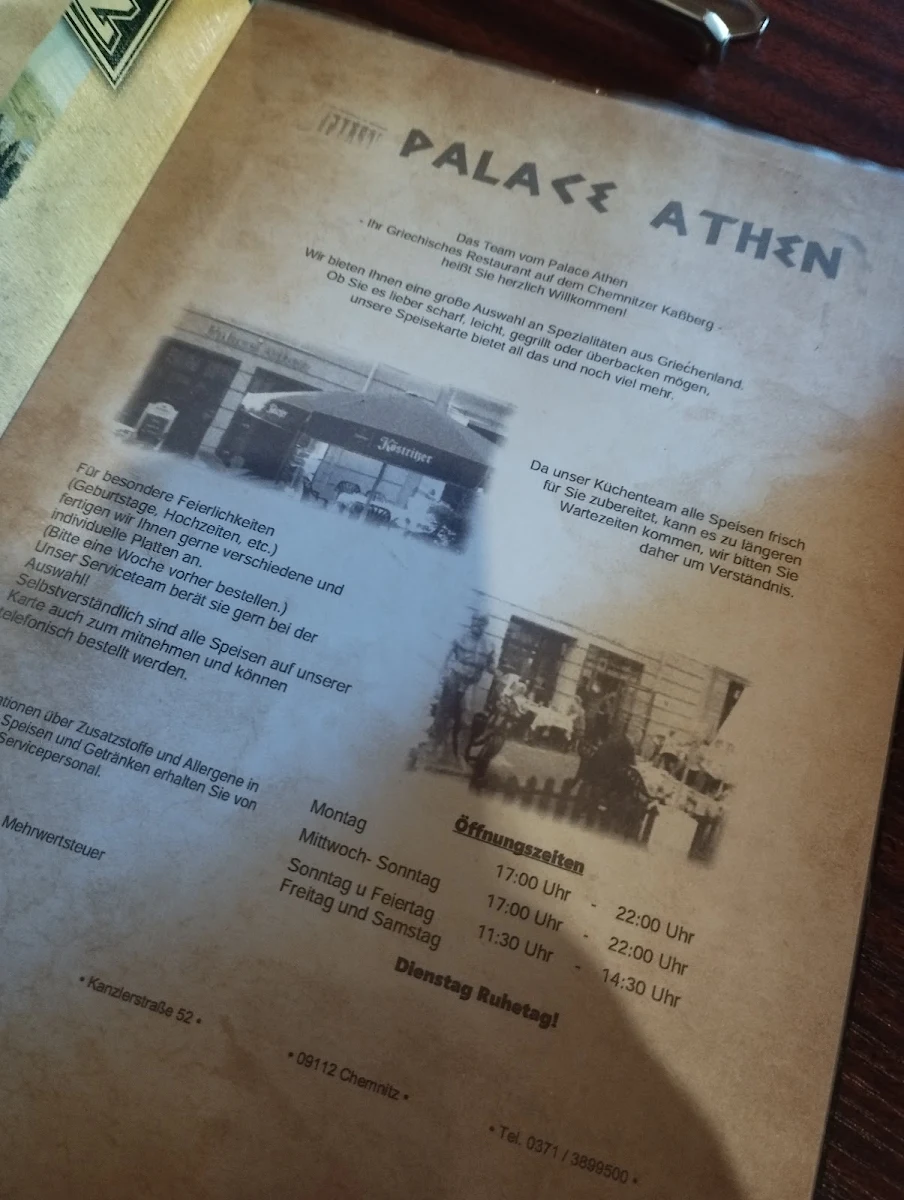 Speisekarte, Palace Athen