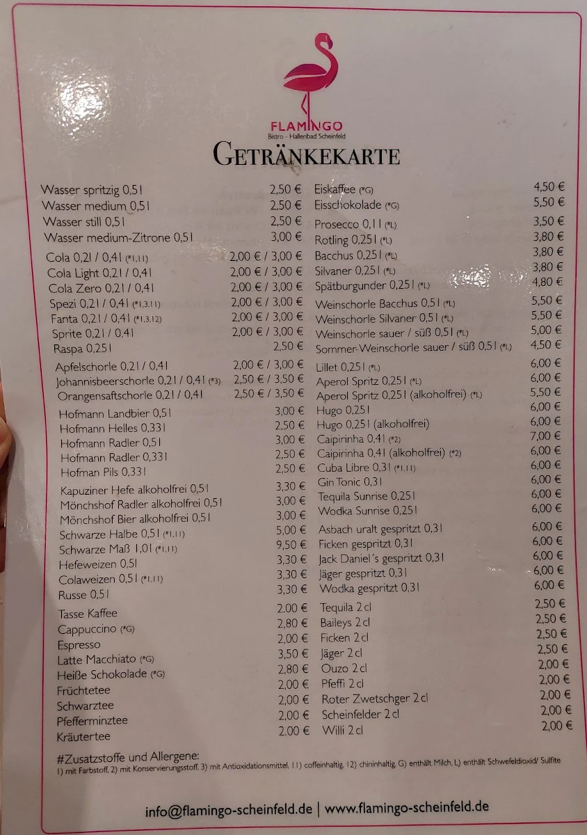 Speisekarte, Flamingo-Bistro
