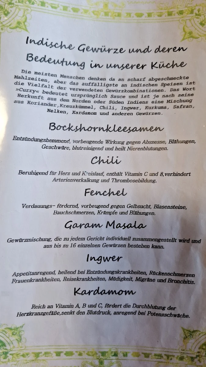 Speisekarte, Namaste India