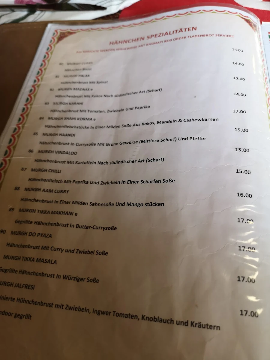 Speisekarte, Namaste India