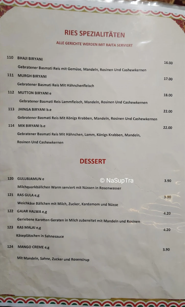Speisekarte, Namaste India