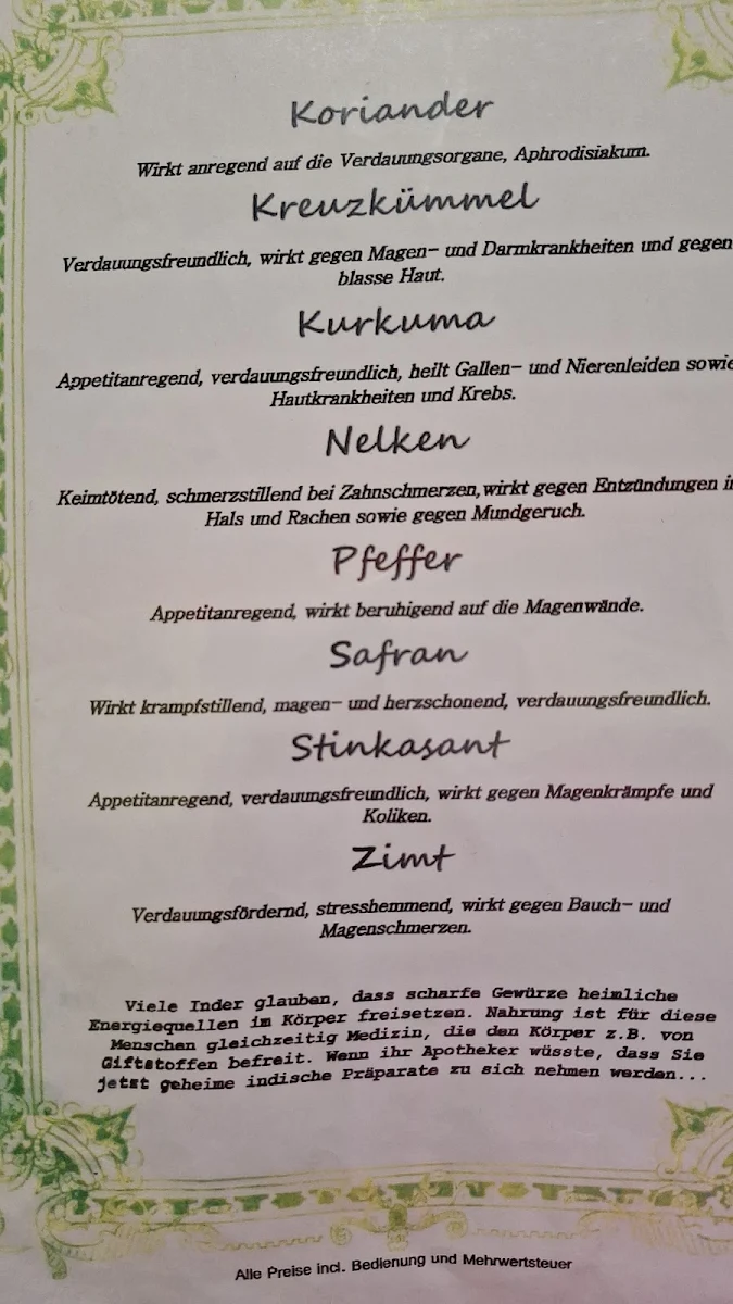Speisekarte, Namaste India