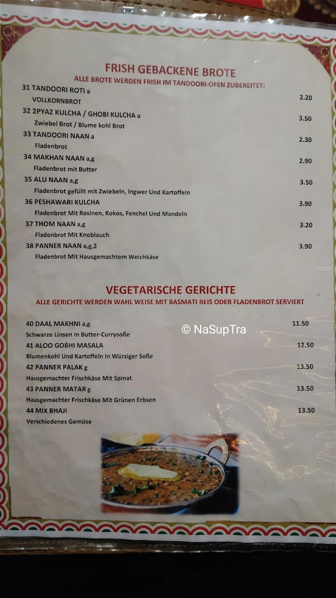 Speisekarte, Namaste India