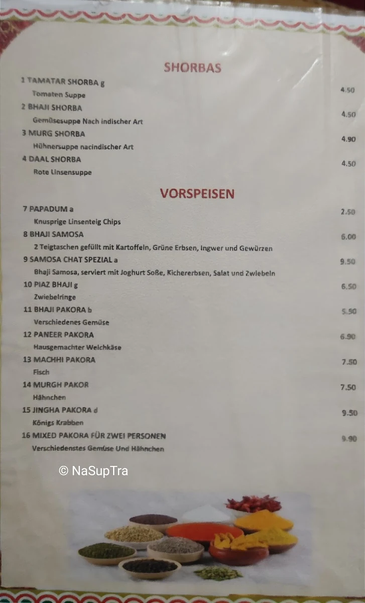 Speisekarte, Namaste India