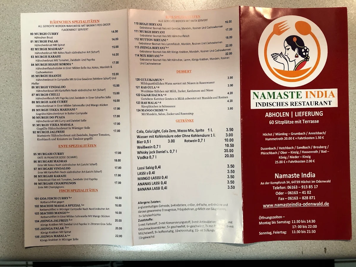 Speisekarte, Namaste India