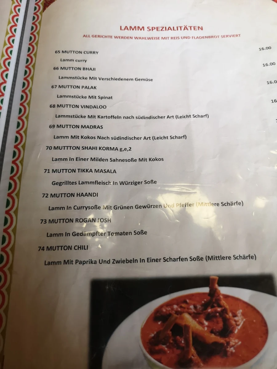 Speisekarte, Namaste India