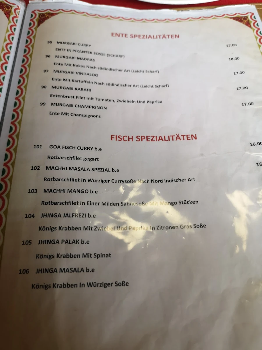 Speisekarte, Namaste India