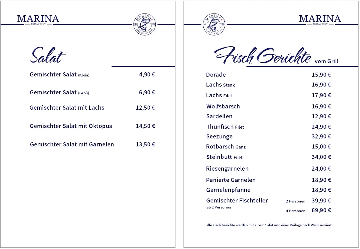 Speisekarte, Marina Restaurant