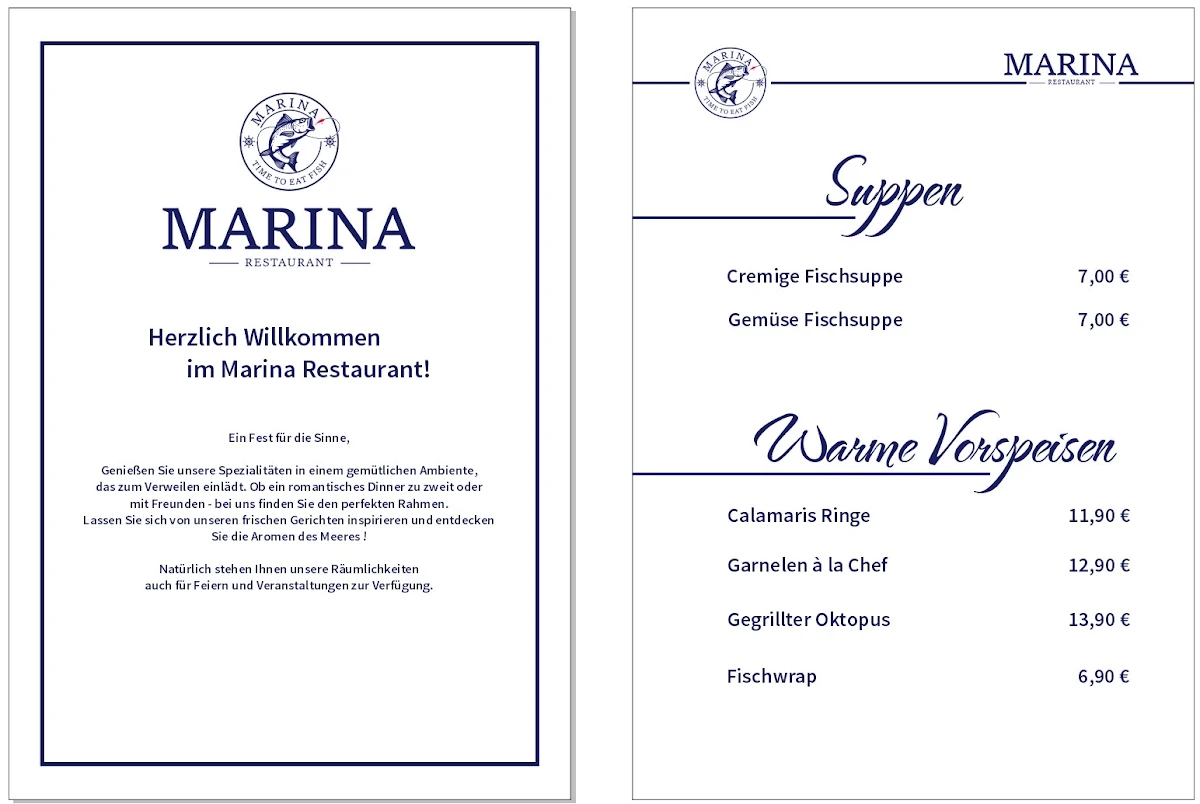 Speisekarte, Marina Restaurant