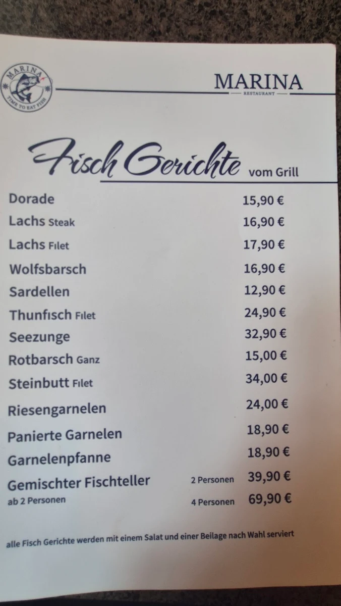 Speisekarte, Marina Restaurant