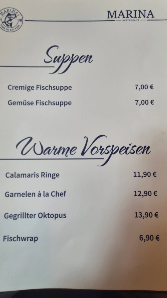 Speisekarte, Marina Restaurant