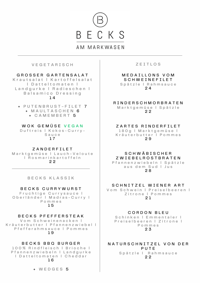Speisekarte, BECKS am Markwasen