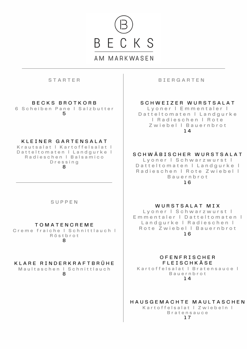 Speisekarte, BECKS am Markwasen