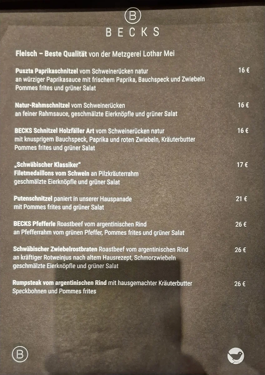 Speisekarte, BECKS am Markwasen
