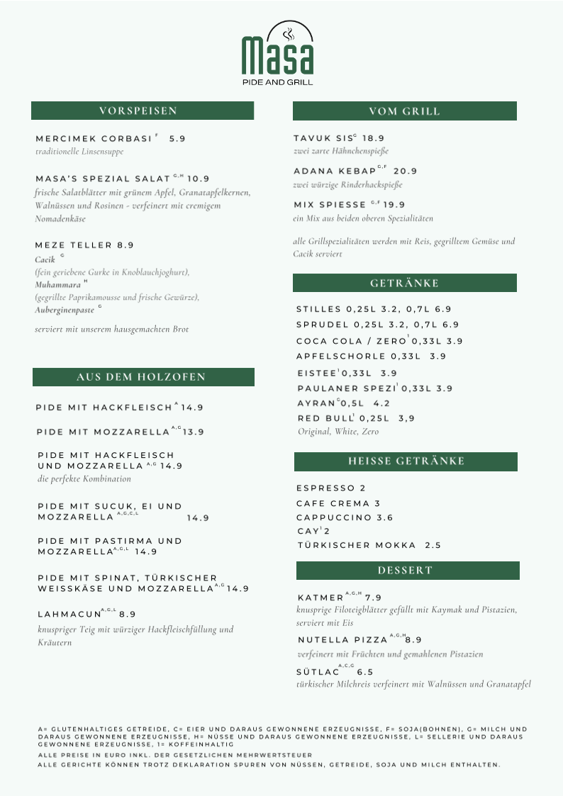 Speisekarte, Masa Pide & Grill