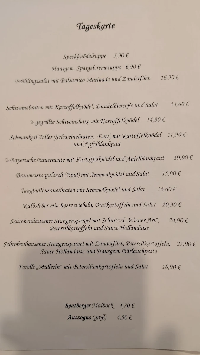 Speisekarte, Waldgaststätte Schreiner Restaurant