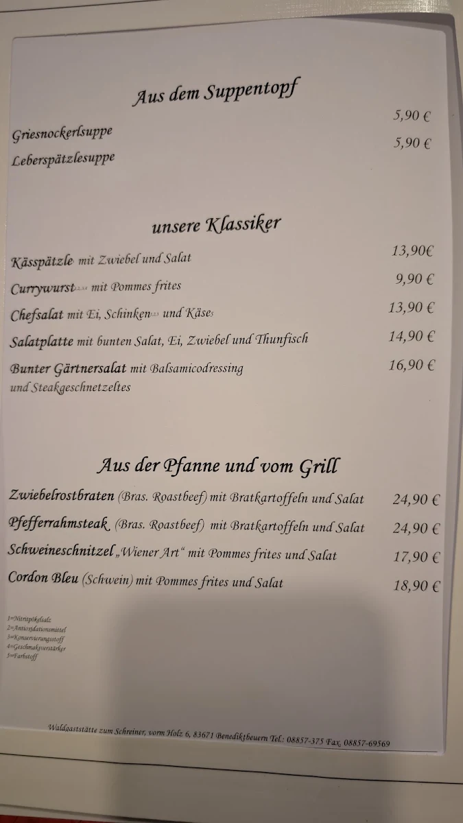 Speisekarte, Waldgaststätte Schreiner Restaurant