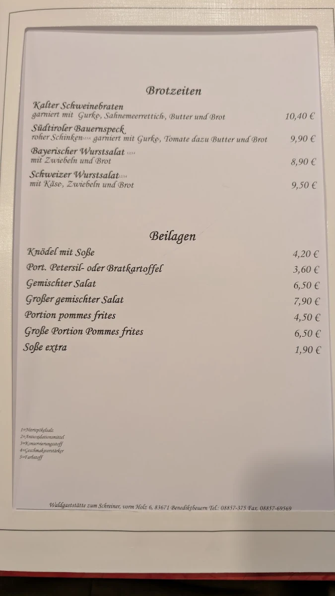 Speisekarte, Waldgaststätte Schreiner Restaurant